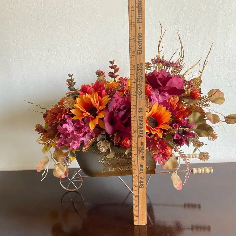 Faux Floral Bouquet In Garden Cart With Pink Roses